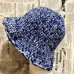 セール中❤手編み帽子 ブルー&ホワイト系　ニット帽　バケットハット