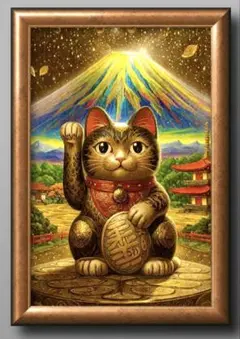 富士山の輝きに照らされた開運招き猫　額縁付き　幸福のグラフィックアート