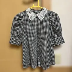 ギンガムチェックシャツ レース襟 パフスリーブ 半袖 レディース 春夏服