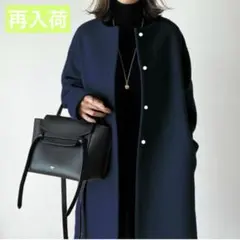 シンプル ミドル 丈 ラウンドネック ベルトレス 韓国風 コート ダークブルー
