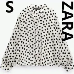 ZARA ノーカラードット サテン シャツ ブラウス　白黒