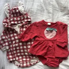 ウサギ耳フード付きロンパースいちごロンパースセット