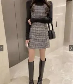 GRL 千鳥格子柄 ツイード ミニキャミワンピース　L