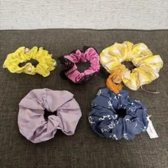 新品　シュシュ5点セット　黄色　デニム　ピンク　紫　水玉　パール