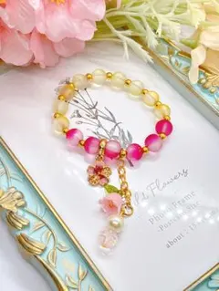 お花のチャームのビーズブレスレットかわいいオシャレ黄色イエローピンクフラワー