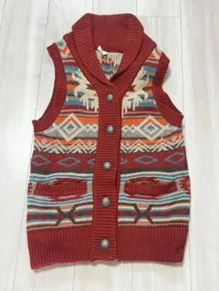 幾何学模様 赤茶色　ベスト　ニットベスト