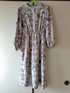 長袖 柄ワンピース ロング グレー 裏地あり