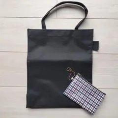 黒 トートバッグ チェック柄ポーチ付き