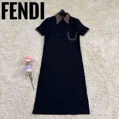 美品　フェンディ　ポロシャツ　ストライプ柄　スリット　ネイビー　ワンピース