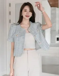 水色 チェック柄 ショート丈ジャケット