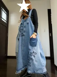 ★超ゆるダボ 切替デニム ペイント ジャンパースカート★