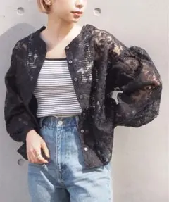 レディース　上着　羽織り　カーディガン　ボタン　レース　総レース　ブラック　黒