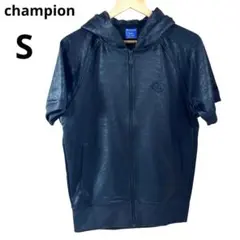 Champion チャンピオン 総柄 半袖 ジップパーカー S 黒 メンズ