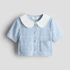 H&M ツイード風 半袖ブラウス パールボタン 襟付き