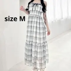 INGNI 配色リボンティアードチェックロングワンピース　M