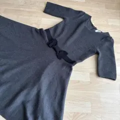 ランバンオンブルー 五分袖フレアワンピース ニット リボン 濃グレー 38号