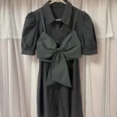 evelyn 半袖 シャツワンピース グレー リボン