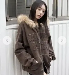 ブラウン フード wego 裏起毛ファーフードBIGZIPパーカー