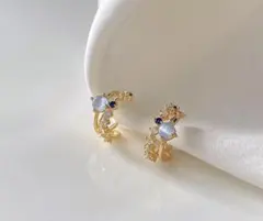 アクアマリン小さなオニキス半円 CZダイヤ ピアス 金属アレルギー対応 お洒落のサムネイル