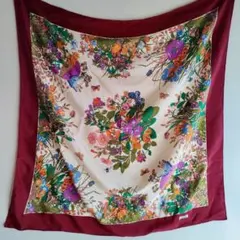 シルク　スカーフ　花柄　蝶々　ビンテージ　ヴィンテージ レトロ　ボルドー