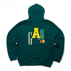 90s GAP マルチロゴ パーカー L 緑 裏起毛 デカロゴ 古着