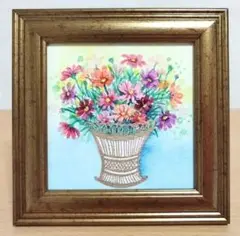 金色の花瓶にコスモス　#185　原画　水彩画　絵画　12cm角フレーム付
