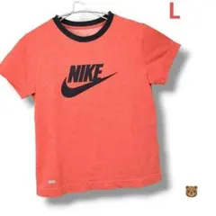 NIKEレディース半袖TシャツL～Mカットソーロゴ入り丸首綿コットン美品ピンク