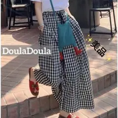 k0697 美品 DoulaDoula チェックワイドイージーパンツ ブラック
