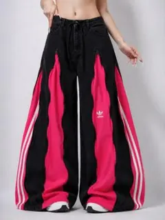 希少1点物⭐︎ワイドパンツ ブラック ピンク　4ジッパーデニム　L