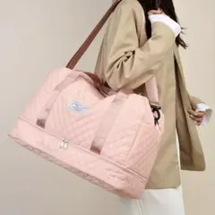 2way ボストンバッグ　くすみピンク　大容量　撥水　旅行　ジム　キルティング