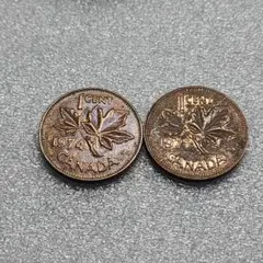 5827. 1974年 1975年 カナダ メイプル 1セント 2枚組
