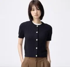 GU ケーブルメタルボタンカーディガン(半袖) ニット半袖セーター ネイビー M