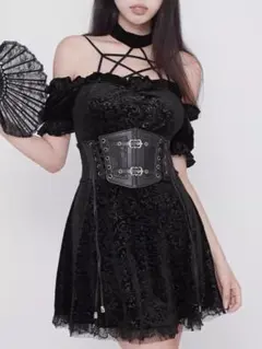 ベルト　コルセットベルト　黒　ゴスロリ　フリーサイズ　リボン　 ブラック