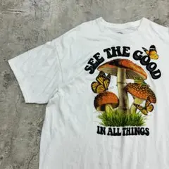 きのことカエルと蝶　グラフィック　トップス　半袖　Tシャツ　古着　ホワイト　L