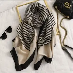 大判ストール ブラック×ベージュ 90×180cm 高級感 モノトーンレディース