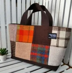 ウールのトートバッグ オレンジ系 横長 パッチワーク