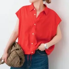 スピックアンドスパン　リネンブレンド　フレンチヘム　ギャザー　シャツ　レッドのサムネイル