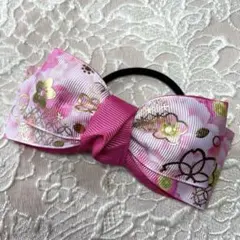 和柄ピンクの花柄リボンヘアゴム