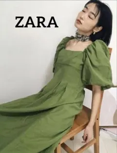 ZARAスクエアネック　パフスリーブドレスワンピース レディース ワンピースxs