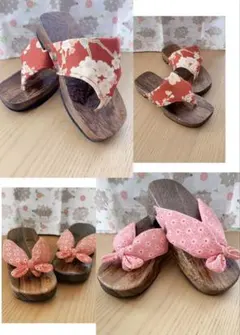 キッズ下駄 花柄鼻緒 木製底19cm【ピンク１回使用】【赤未使用】2点セット