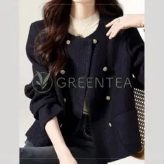 【グリーンティー】ツイード風ノーカラージャケット XL 黒 卒園式 入学式