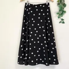 黒 ドット柄 フレアスカート ロングスカート ブラック ナチュラル レトロ