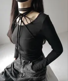 クロスストラップロングチョーカーリボントップス ブラックme+em select
