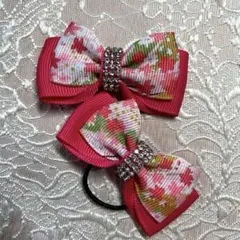 和柄花柄リボンヘアゴム ピンク