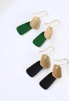 マットゴールド鍍金&グリーン/ブラックプレートシックデザインピアス