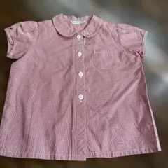 美品　ファミリア　赤チェック半袖ブラウス　襟と片方袖口に刺繍入り　90