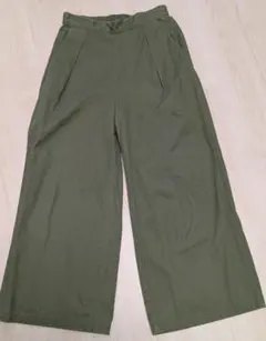 綿100% ウエストゴム ワイドパンツ ガウチョ M カーキ 楽ちんパンツ