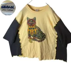 ネイティブ柄×猫ちゃんビッグプリント リメイクドッキング風デザインTシャツXL