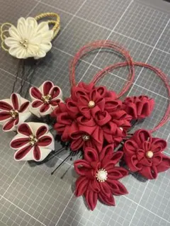 【赤&白】つまみ細工 七五三 成人式 卒業式 髪飾り結婚式 花飾り 9点セット