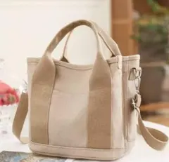 キャンバスショルダー 2way 仕切り ミニトート 多収納 通学 ベージュ